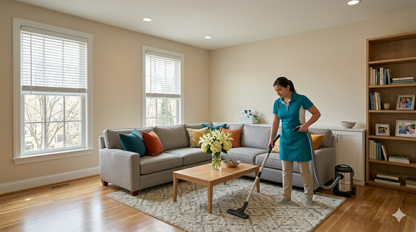 Professional cleaner vacuuming an apartment living room